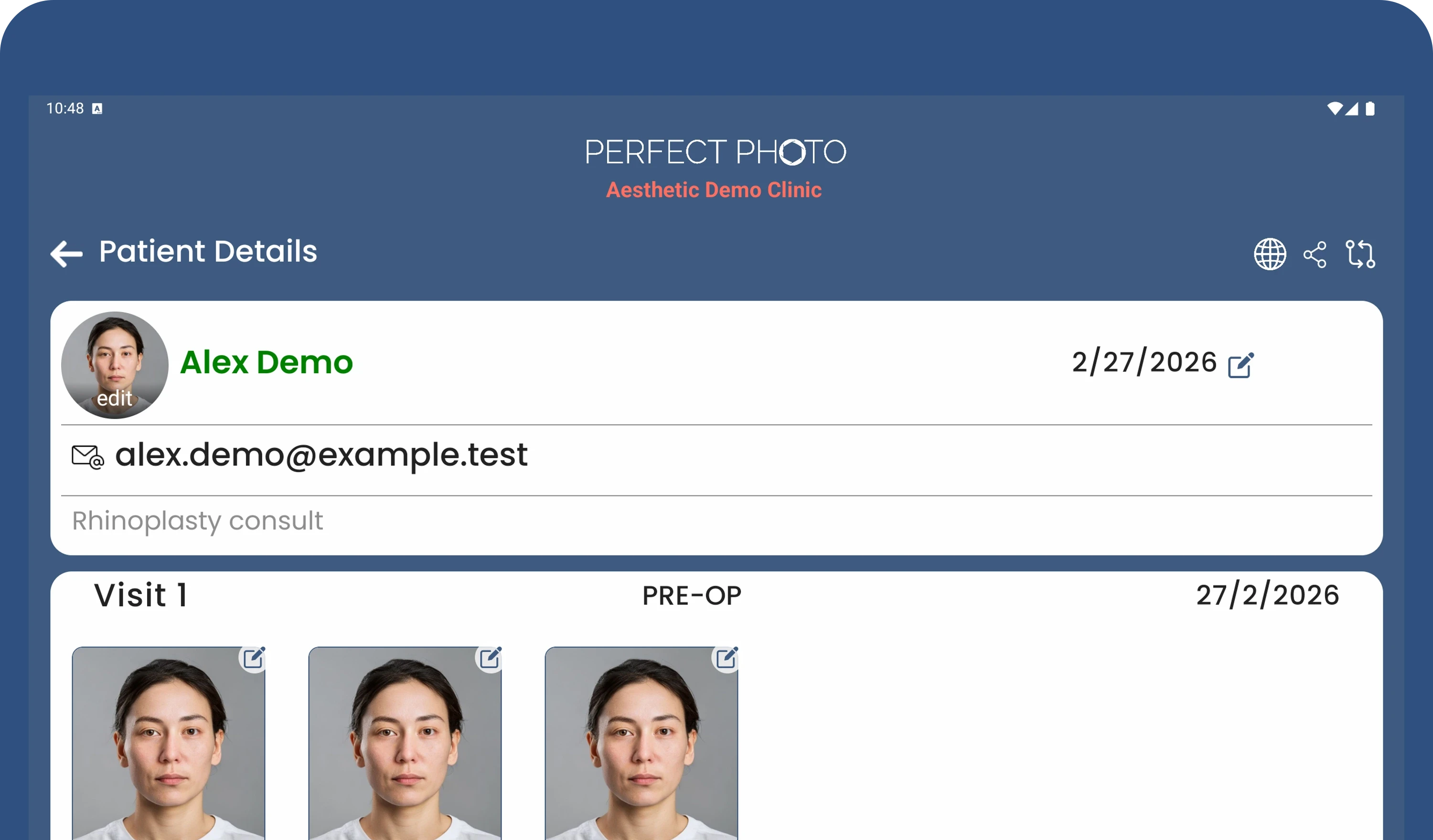 Patient records screen showing Visit 1 photos in the Perfect Photo app