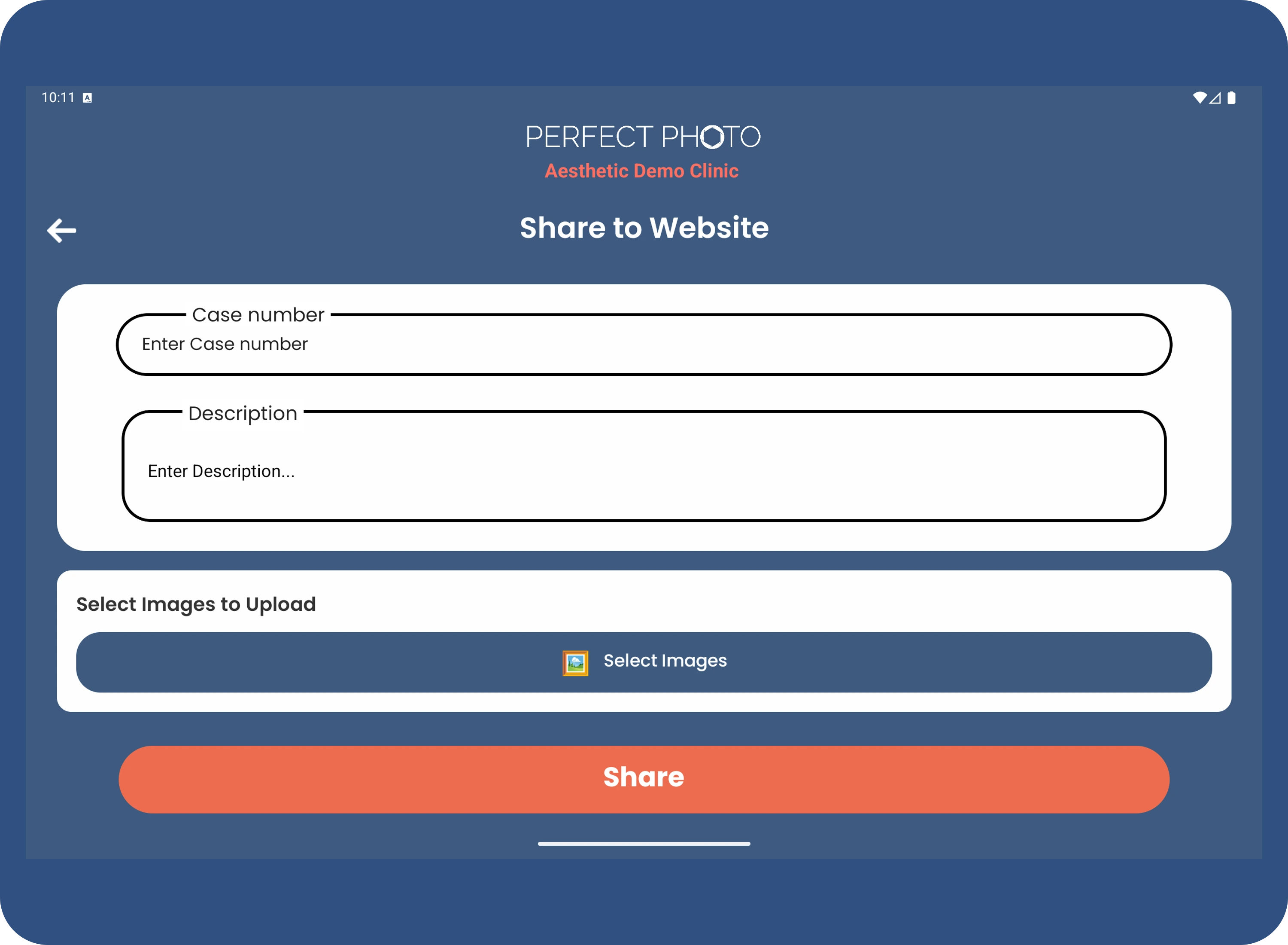 Share to Website form for publishing a case from the Perfect Photo app